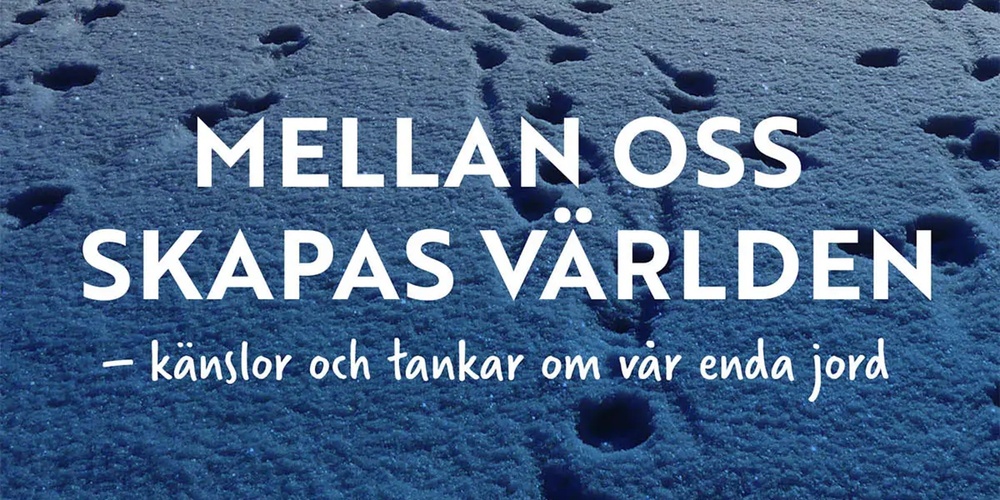 Bokomslag med snötäckt landskap, fotspår i snön och blå himmel. Titeln: Mellan oss skapas världen.