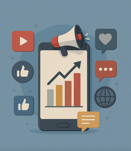 Illustration av en mobil med stapeldiagram, megafon och sociala medieikoner runtom.