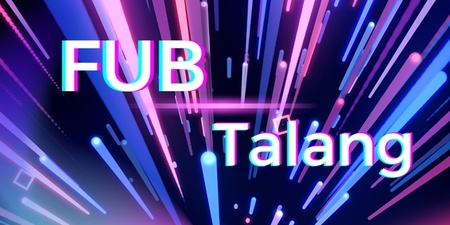 Texten 'FUB Talang' på en bakgrund med färgglada ljusstrålar i blått, rosa och lila mot svart.