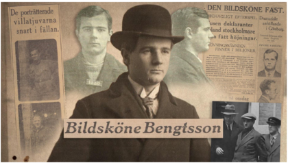 Kollage med gamla tidningsurklipp och foton av en man i kostym och hatt, texten 'Bildsköne Bengtsson'.