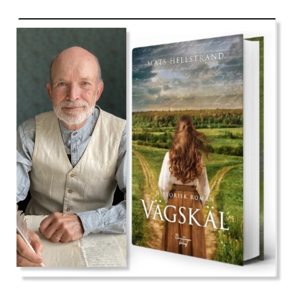 Man med suddat ansikte skriver vid ett bord, bredvid ett bokomslag med en kvinna på en landsväg.