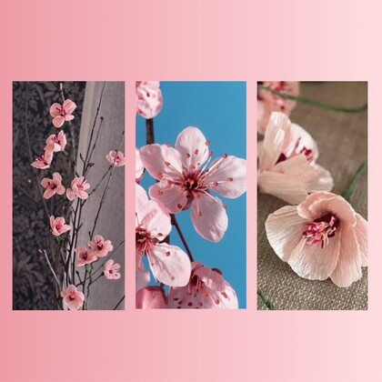 Tre paneler med rosa blommor, inklusive körsbärsblommor och konstgjorda blommor, mot olika bakgrunder.