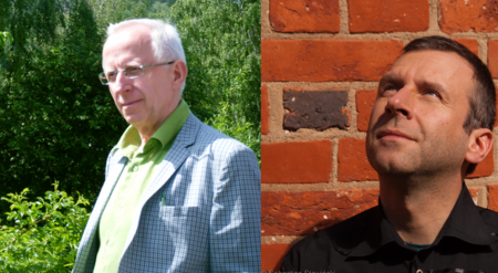 Två män, en äldre utomhus i grön miljö och en yngre mot en tegelvägg, båda tittar åt sidan.