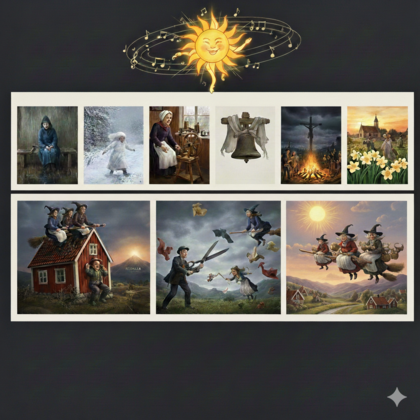 Illustrationer av svenska traditioner, häxor på kvastar, midsommar, påsk och landsbygd.