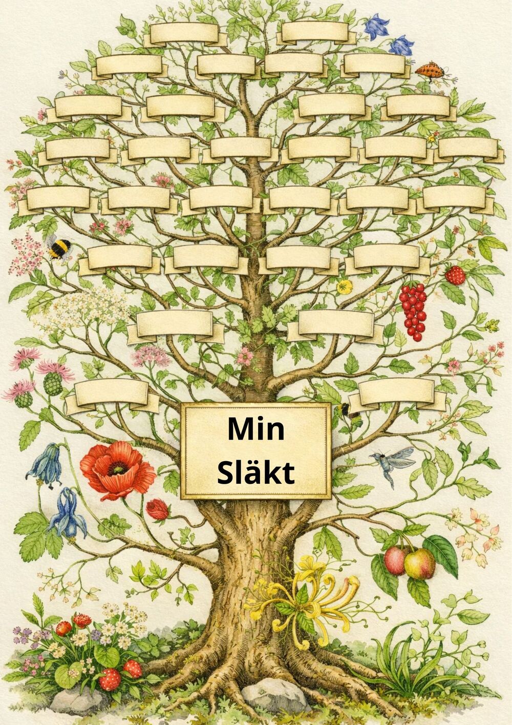 Illustrerad släktträd med tomma namnbrickor och texten 'Min släkt' i mitten.