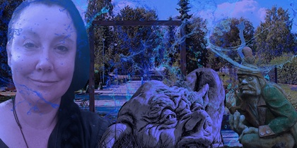 En kvinna med fläta och leende ansikte, omgiven av blåa effekter och tecknade troll i en park.