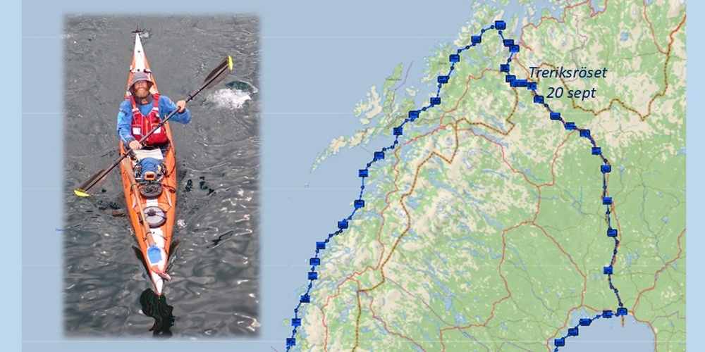 Karta över Sverige och Norge med markerad kajakrutt och tre bilder på en person som paddlar kajak.