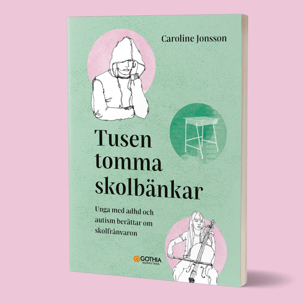 Bokomslag till 'Tusen tomma skolbänkar' av Caroline Jonsson med illustrationer av ungdomar och skolbänk.