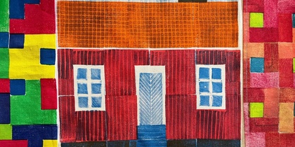 Färgglad illustration av ett rött hus med blå dörr och fönster, omgiven av geometriska mönster i starka färger.