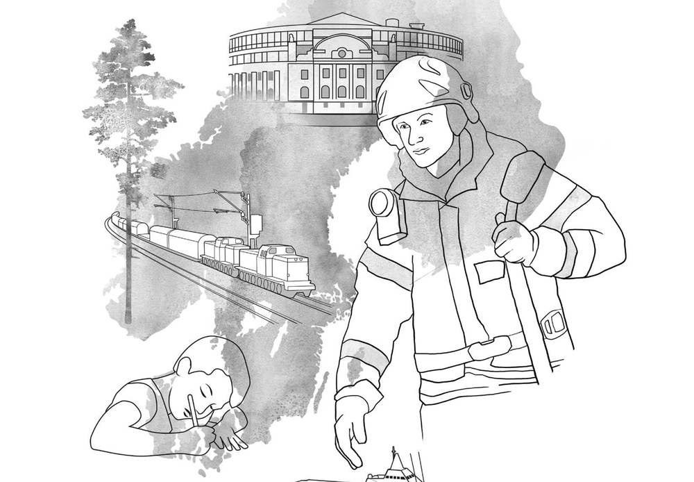 Illustration med brandman, tåg, barn som skriver, träd och en byggnad i svartvitt.