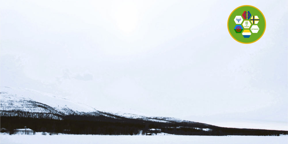 Snötäckt landskap med fjäll och skog, samt en grön cirkel med symboler för Sveriges Nationella  Minoriteter uppe till höger.
