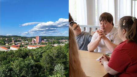 En tvådelad bild med en bild på en stad med grönska runt om och en bild på en grupp personer som sitter vid ett bord.