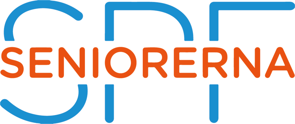 Logotyp för SPF Seniorerna med blå och orange text på vit bakgrund.