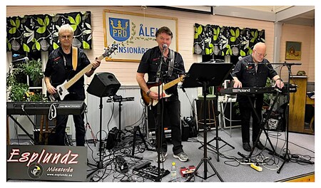 Tre män spelar musik på scen med gitarr, bas och keyboard i en inomhusmiljö med PRO Ålem-skylt i bakgrunden.