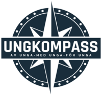 Logotyp med en kompass och texten 'UNGKOMPASS av unga, med unga, för unga'.