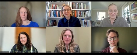 Skärmdump från videomöte med sex personer i olika miljöer, logotypen Studieforbundet Vuxenskolan syns.