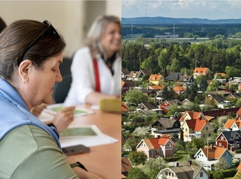 Tvådelad bild: till vänster personer i möte, till höger vy över villaområde med färgglada hus och grönska.