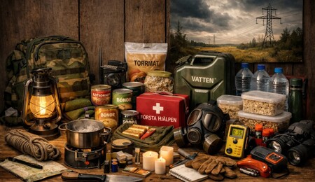 Överlevnadsutrustning på ett bord, inklusive mat, vatten, första hjälpen, gasmask och verktyg.