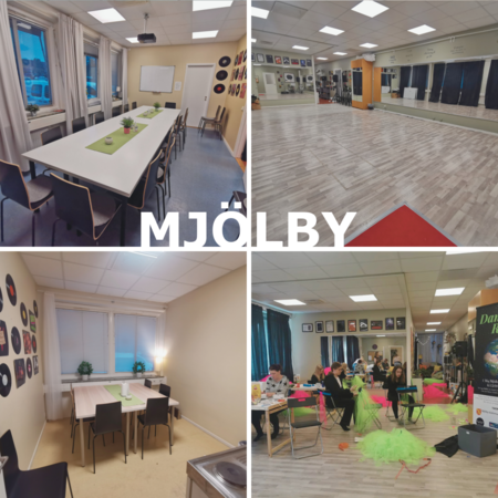 Fyra bilder visar olika rum i en lokal i Mjölby: mötesrum, danssal, fikarum och pysselhörna med människor.
