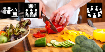 En person skär grönsaker på en skärbräda med symboler för matlagning, måltid och gemenskap.