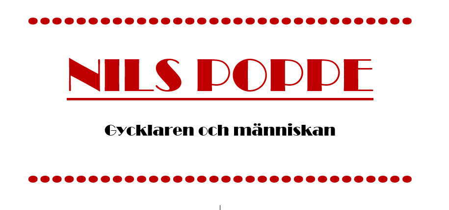 Textbild med röd och svart text: 'Nils Poppe' och 'Gycklaren och människan', dekorerad med röda prickar.