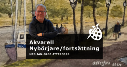 Man i mörk tröja står framför en akvarellmålning med text om akvarellkurs för nybörjare och fortsättning.