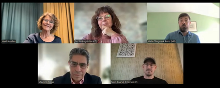Skärmdump av ett digitalt möte med fem personer, namn och organisation synliga, logotyp i hörnet.