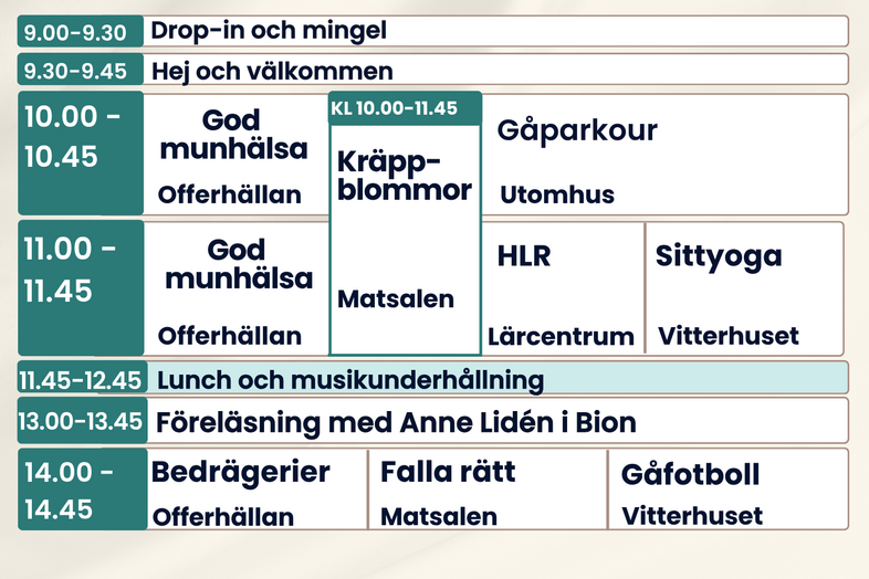 Schema för en aktivitetsdag med tider, aktiviteter och platser, inklusive föreläsningar, yoga och lunch.