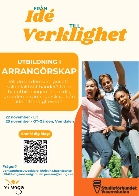 Affisch för utbildning i arrangörskap med information om datum, plats och kontaktuppgifter samt en bild på glada ungdomar utomhus.