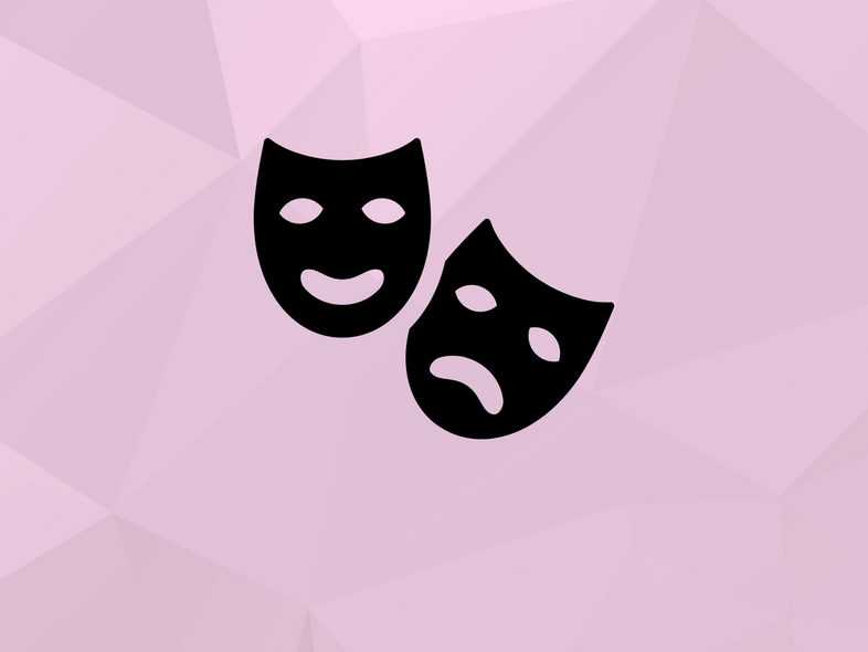 Två teatermasker, en glad och en ledsen, på en ljuslila geometrisk bakgrund.