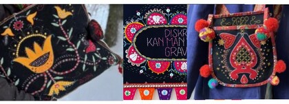 Tre färgglada, broderade samiska väskor med traditionella mönster och dekorationer på svart tyg.