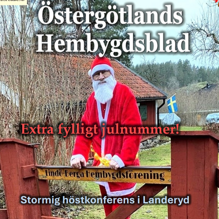 Person utklädd till jultomte står vid en röd grind framför en landsbygdsmiljö med svensk flagga.