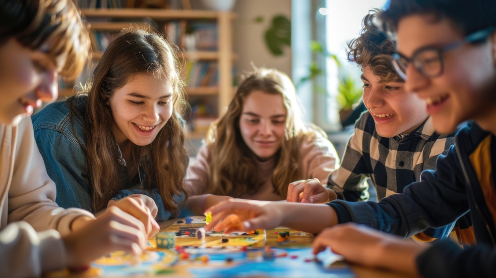 Fyra ungdomar sitter runt ett bord och spelar ett brädspel tillsammans, alla ser glada ut.