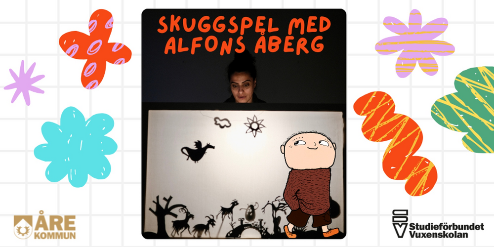 Affisch för skuggspel med Alfons Åberg, visar en kvinna bakom en skuggteater och Alfons Åberg-figur.