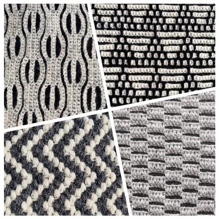 Fyra olika stickade mönster i svart, vitt och grått, arrangerade i ett rutnät.