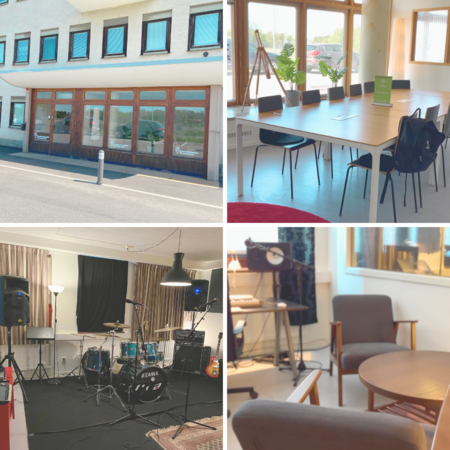 Fyra bilder visar en modern byggnad, ett mötesrum, en musikstudio och en lounge med fåtöljer.