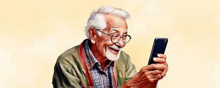 En äldre man med vitt hår håller en smartphone och tittar på skärmen mot en ljus bakgrund.