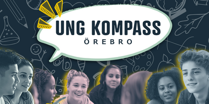 Illustration med pratbubbla och texten 'Ung Kompass Örebro', ungdomar sitter i grupp, ansikten är suddade.