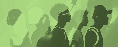 Illustration av fem ungdomar i profil, alla bär ryggsäckar och bilden har en grön ton.