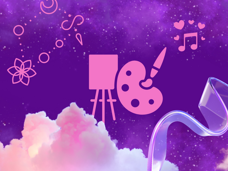 Illustration med konstnärsredskap, musiknot, moln och stjärnhimmel i lila och rosa toner.