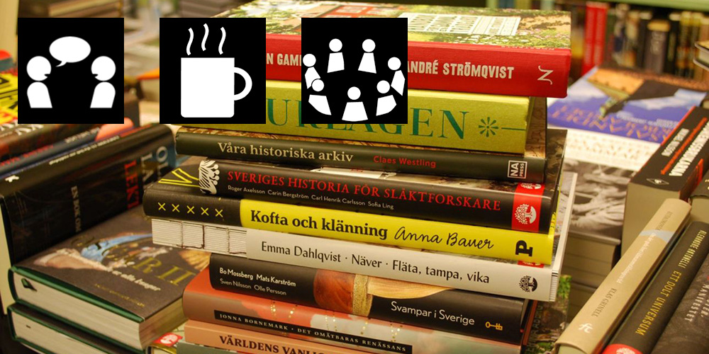 En hög med svenska böcker med tre svarta ikoner ovanpå: pratbubbla, kaffekopp och grupp människor.