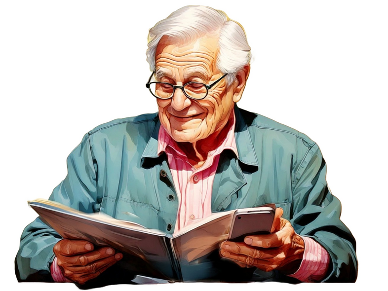 En äldre man med glasögon läser en tidning och håller en surfplatta, leende och avslappnad.