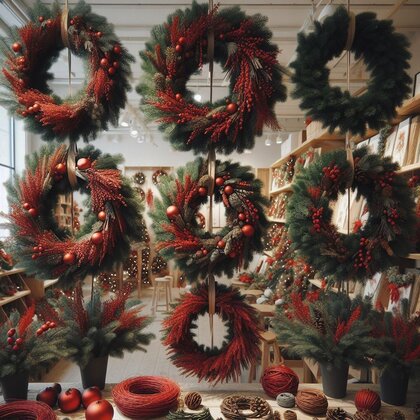 Flera julkransar dekorerade med röda bär och kottar hänger i en butik med julpynt och granris.