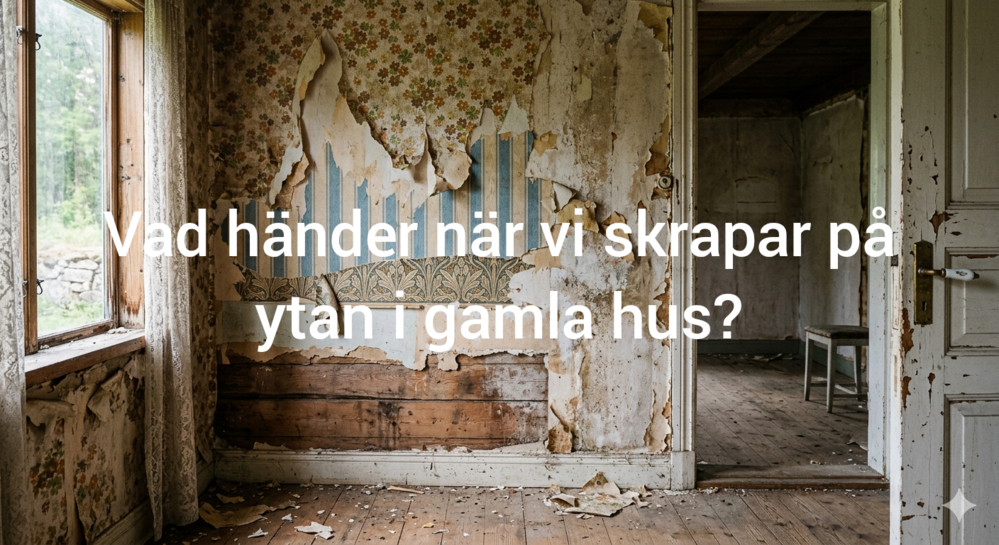 Ett slitet rum i ett gammalt hus med avskavd tapet och texten: Vad händer när vi skrapar på ytan i gamla hus?