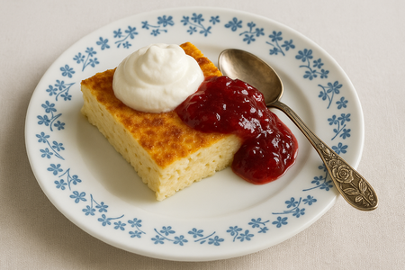 En bit ugnspannkaka med sylt och grädde på en vit tallrik med blått blommönster och en sked.