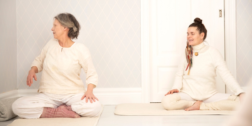 Två personer sitter på yogamattor i ett ljust rum och gör en sittande vridning.