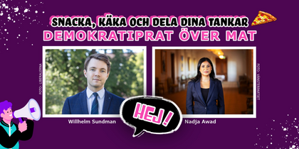 Affisch med två personer i kostym, text om demokratiprat över mat och pizza, lila bakgrund.