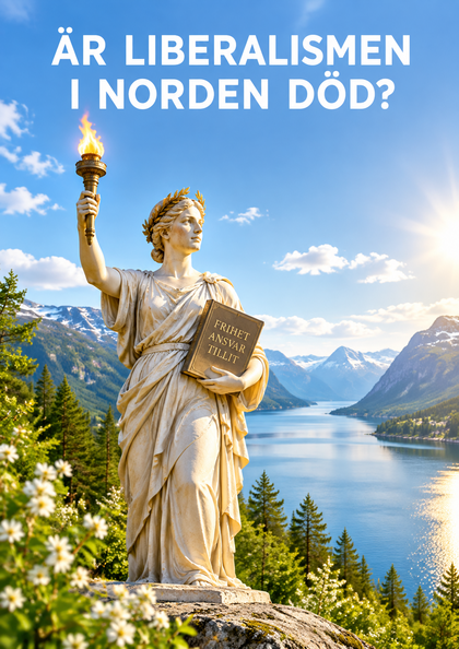 Staty av kvinna med fackla och bok, omgiven av nordisk fjällnatur, med texten 'Är liberalismen i Norden död?'.