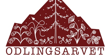 Logotyp med stiliserade växter och bergsform i vinrött, texten 'ODLINGSARVET' under.