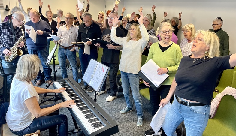 En grupp äldre vuxna sjunger och spelar musik tillsammans i ett rum, med en kvinna vid pianot.